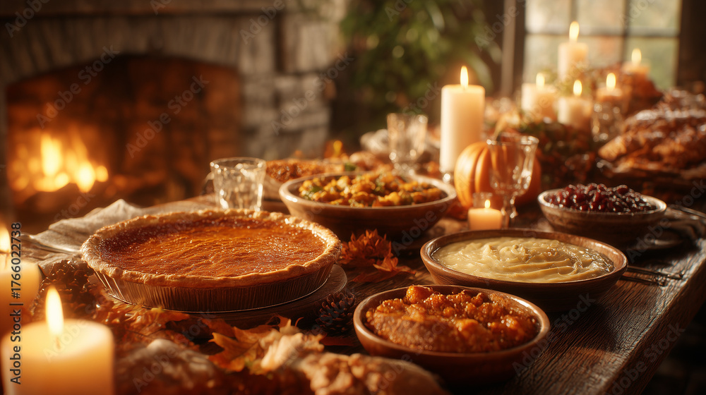 Fototapeta premium Cozy Thanksgiving table with pumpkin pie, roasted vegetables, and candles by the fireplace. Autumn decorations, pumpkins, and pine branches create a festive family dinner atmosphere