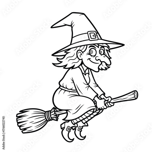 Vector art of a cartoon witch with a pointy hat and wild hair flying on a broomstick with a spooky expression