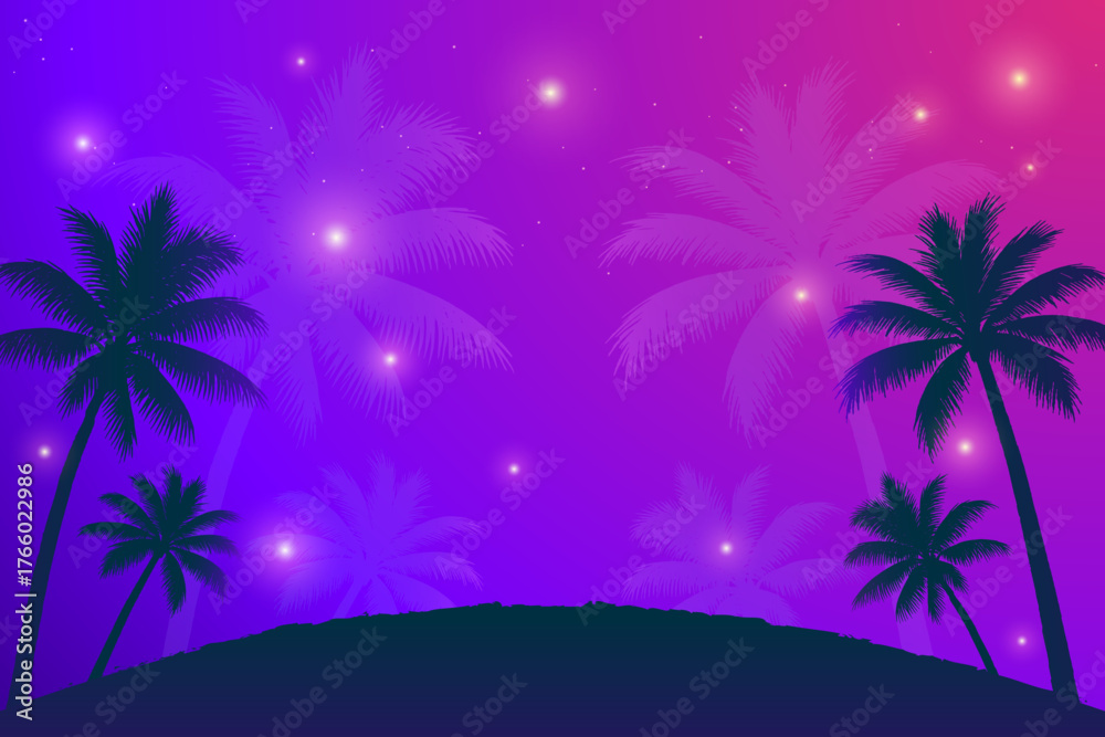 Naklejka premium Vivid Vector Tropical Sunset with Palm Trees Silhouettes and Glowing Stars in Purple Gradient Sky