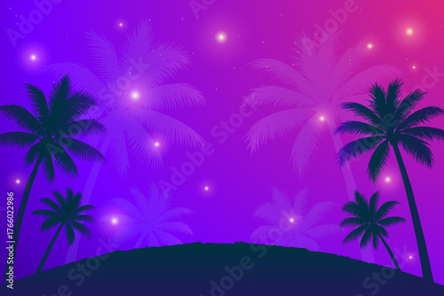 Vivid Vector Tropical Sunset with Palm Trees Silhouettes and Glowing Stars in Purple Gradient Sky