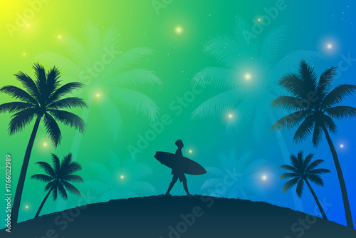 Vector Surfer Silhouette with Tropical Palm Trees under Vibrant Blue and Green Sky at Sunset
