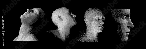 Three human faces constructing from particles. Technology concept. Anonymous social masking. Cyber security. Black and white. Vector illustration.