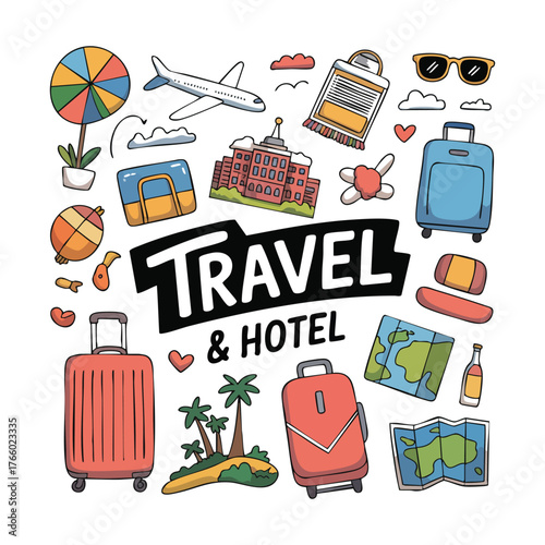 Colorful travel themed elements compose an exciting design promoting tourism and hotels on a transparent background
