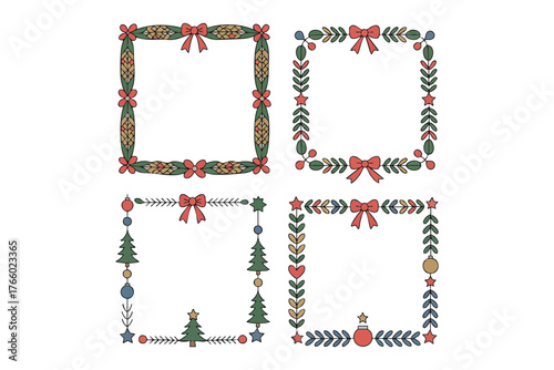 Four festive frames feature ornamental borders adorned with ribbons, foliage, and holiday icons, transparent background