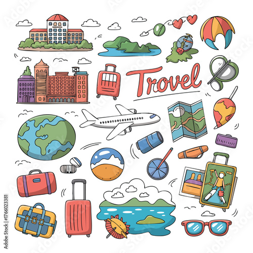 Illustrated travel icons show airplane, suitcases, and Earth against white background