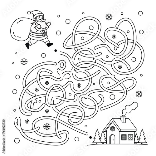 Vector art of santa claus carrying a sack of gifts walking through a maze with snowflakes and a small house with smoke coming from the chimney