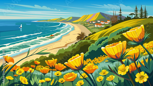 Very beautiful, yellow flowers and view of Strand Beach from Dana Point Headlands Conservation Area in Dana Point, Orange County, California, vibrant coastal scenery, cliffs, sandy shore, ocean waves,