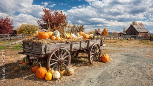 Rustic wooden cart overflowing with pumpkins, gourds, and hay, autumn harvest scene