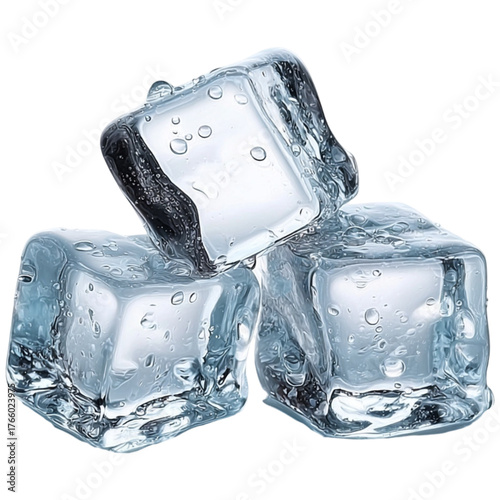 Three transparent ice cubes melting slowly refracting light on a dark surface
