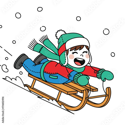Vector art of a happy child in winter clothing slides down a snowy hill on a wooden sled, with snowflakes falling around them