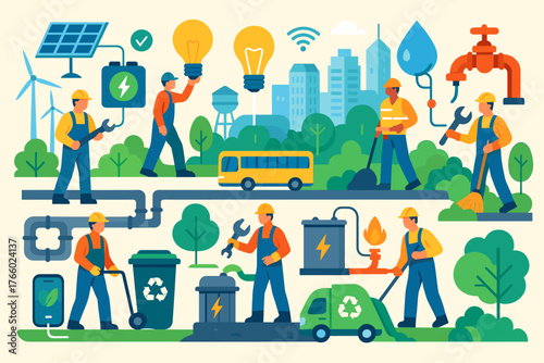City public utilities workers illustration — renewable energy, recycling, maintenance, water, gas, and electricity