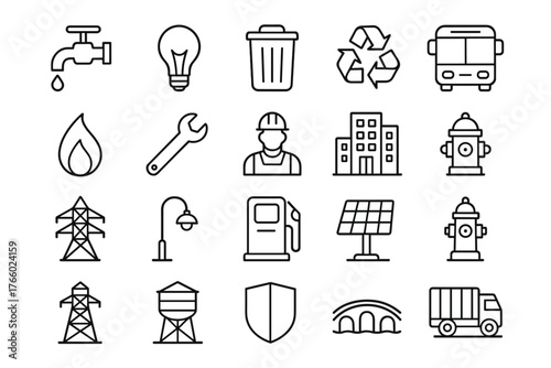 City infrastructure and public utilities line icons — energy, recycling, transport, construction, and safety