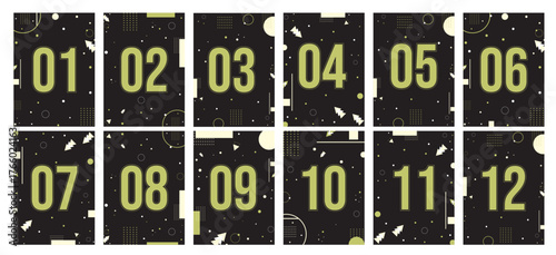 A set of retro numbers with abstract geometric elements on a dark background. Number plates for social posts, stories, prints, and templates.