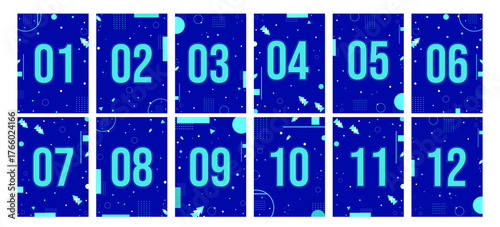 A set of numbers with abstract geometric elements on a blue background. Number plates for social posts, stories, prints, and templates.