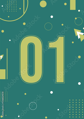 The number 01 among abstract geometric elements in Memphis style on a green background. Poster with the number. Template