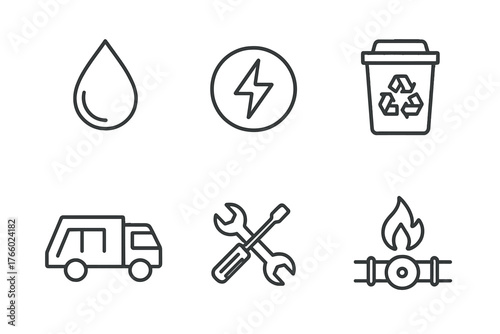 Public utilities and services icons — water, electricity, recycling, waste collection, repair, and gas supply