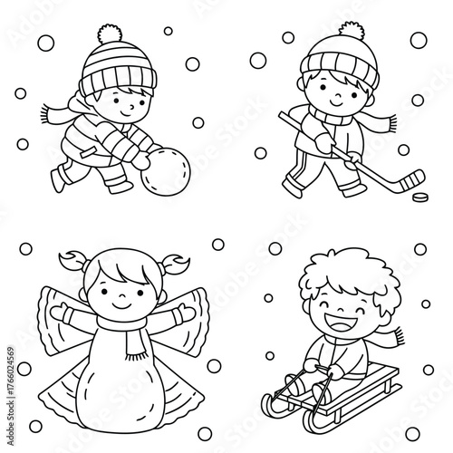 Vector art of cute cartoon children playing winter sports and activities like sledding, playing hockey, making snow angels, and playing with a ball