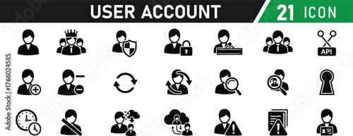 User Account icon set. Including User Profile, Login, Logout, Password, Settings, Avatar, Edit Profile, Key, Shield, Person Silhouette. Vector silhouette illustration