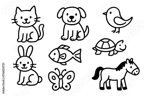 Set of Cute Hand Drawn Animal Icons Including Cat Dog Bird Turtle Rabbit Fish Butterfly and Horse on White Background Minimalist Style Simple Line Art for Childrens Book or Website