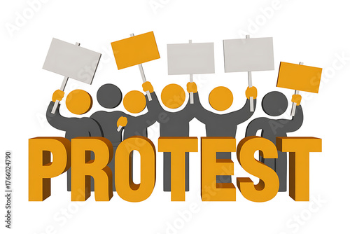 Group of figures holding signs, expressing dissent and voicing concerns through a public demonstration.