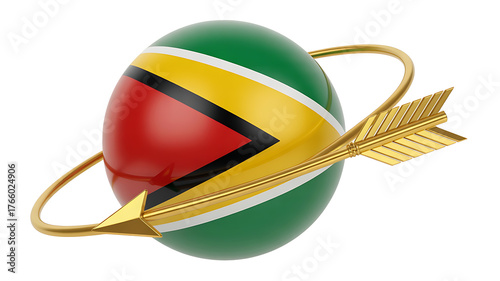 Globe-shaped representation of a nation's flag, adorned with a golden ring and arrow.