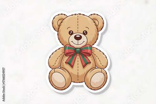 A cute, fluffy teddy bear sits sweetly, adorned with a festive green and red bow.