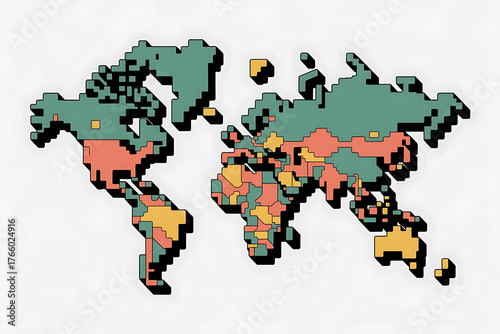 Abstract world map with pixelated continents in shades of green, orange, and yellow.