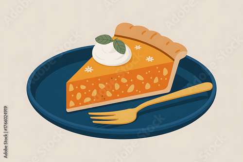 A slice of pumpkin pie sits on a blue plate, garnished with whipped cream and herbs.