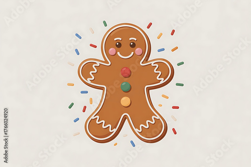 A cheerful gingerbread figure decorated with colorful sprinkles, evoking festive holiday joy.