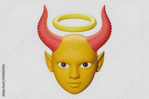 Stylized yellow face with red horns and a golden halo, representing duality and contrasting concepts.
