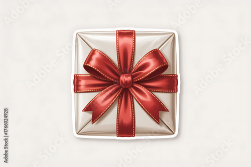 A square gift wrapped in white paper, adorned with a vibrant red ribbon bow.