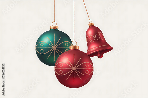 Festive ornaments in red, green, and gold hues, hanging delicately, evoke holiday cheer.