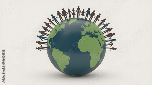 Diverse group of people encircling the globe, symbolizing unity, interconnectedness, and global community.