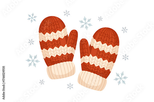 Cozy knitted mittens in warm red and cream, surrounded by delicate winter snowflakes.