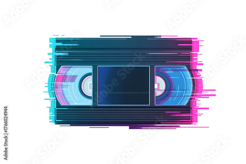 Vintage video cassette tape with glitch effect, displaying distorted colors and digital interference.
