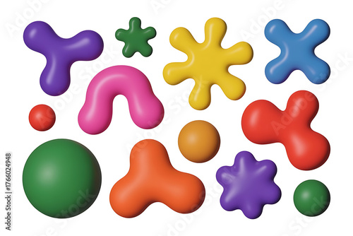 Colorful abstract shapes and forms in various hues, creating a playful and dynamic composition.