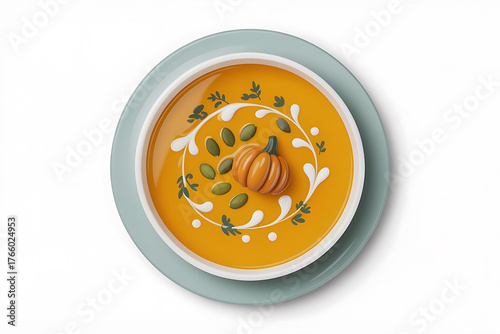 Vibrant orange soup garnished with cream, pumpkin, and seeds, presented in a stylish bowl.