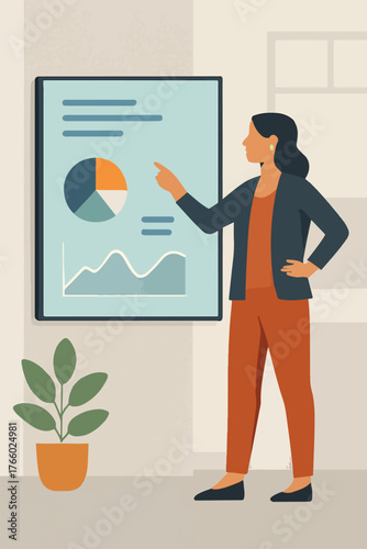 Female Project Manager Presenting on Digital Wall Board 