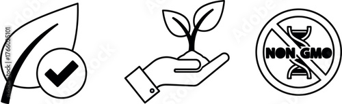 Vector art of set of three icons symbolizing natural and nongmo products a leaf with a checkmark, a hand holding a seedling, and a non gmo symbol with a crossedout dna strand