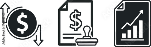 Vector art of set of three black icons representing financial concepts currency exchange, document approval, and business growth chart, on a transparent background