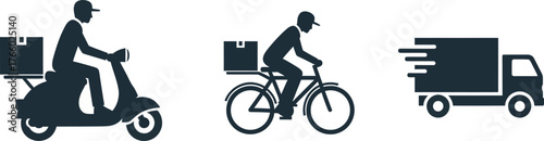 Vector art of delivery icons showing a scooter, bicycle, and truck