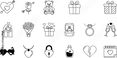 Vector art of collection of romantic and lovethemed line art icons, including hearts, roses, teddy bear, rings, and champagne glasses