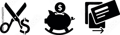 Vector art of three icons scissors cutting dollar sign, piggy bank, and credit card