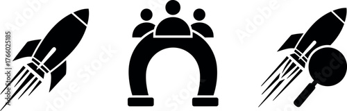 Vector art of set of three icons rocket ship, horseshoe with people, and rocket ship with target