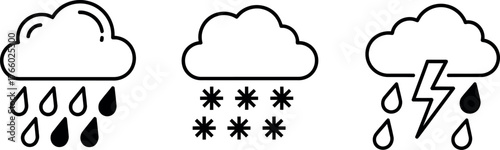 Vector art of three weather icons depicting rain, snow, and thunderstorm with lightning, , for forecasting and climate