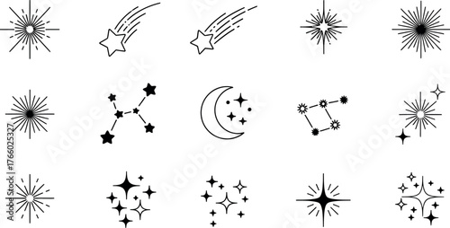 Vector art of collection of celestial and cosmic line art icons, including stars, shooting stars, constellations, and crescent moon