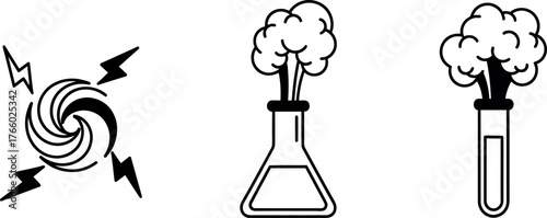 Vector art of collection of three line art icons depicting natural phenomena and scientific concepts a vortex with lightning, a chemical reaction in a flask, and a test tube reaction