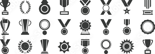 Collection of 24 black and white award icons including trophies, medals, ribbons, stars, and laurel wreaths for achievement design