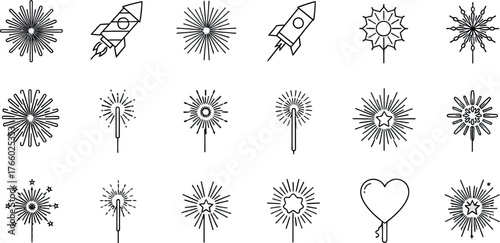 Vector art of set of festive line art icons, featuring fireworks, sparklers, rockets, and a heart shape, isolated on a transparent background