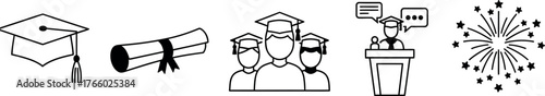 Vector art of collection of graduation and celebration icons, including a cap, diploma, students, podium speaker, and fireworks
